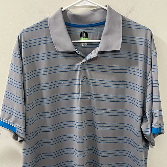 PGA Tour Mens Golf Athletic Fit Polo Shirt Size 2XL Gray Blue Striped Shirt - Picture 3 of 12